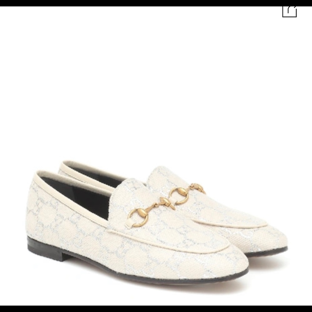 Gucci Jordaan GG monogram lame loafers in white/silver size 35.5, Brand new!